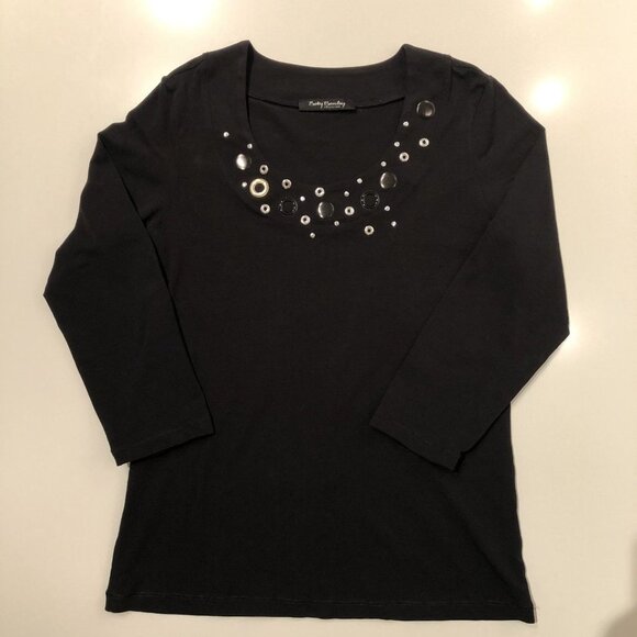 Betty Barclay Scoop Neck 3/4 Sleeve Top with Circle Detail Black + Silver Sz 8 - Picture 6 of 10